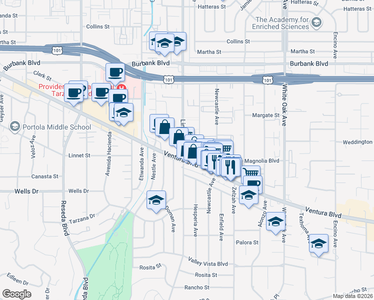 map of restaurants, bars, coffee shops, grocery stores, and more near in Los Angeles