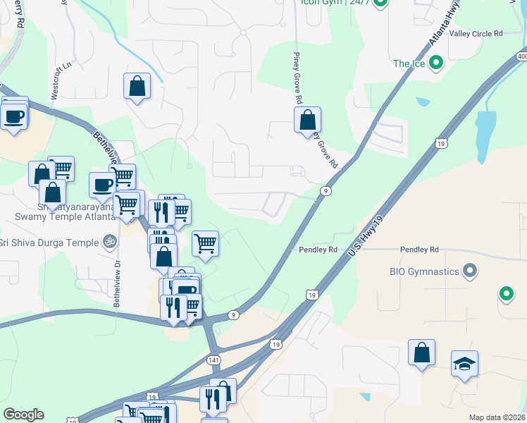 map of restaurants, bars, coffee shops, grocery stores, and more near 2381 Keenland Court in Cumming