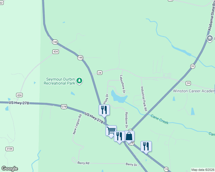 map of restaurants, bars, coffee shops, grocery stores, and more near 300 Vista Drive in Double Springs