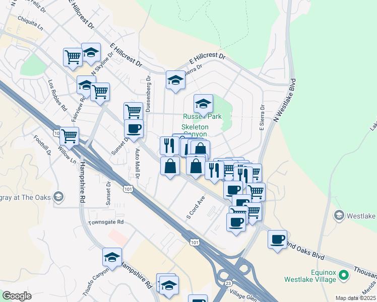 map of restaurants, bars, coffee shops, grocery stores, and more near 3366 Blue Ridge Court in Westlake Village