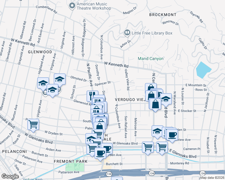 map of restaurants, bars, coffee shops, grocery stores, and more near 1339 North Columbus Avenue in Glendale