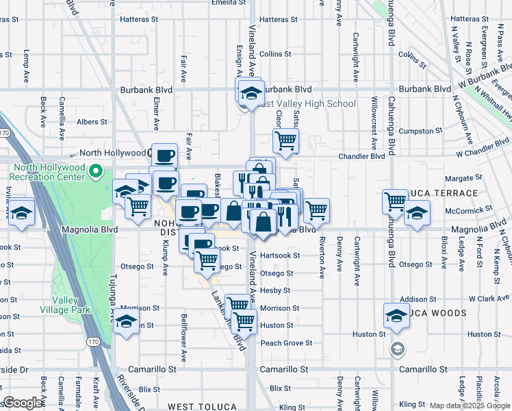 map of restaurants, bars, coffee shops, grocery stores, and more near 5219 Craner Avenue in Los Angeles