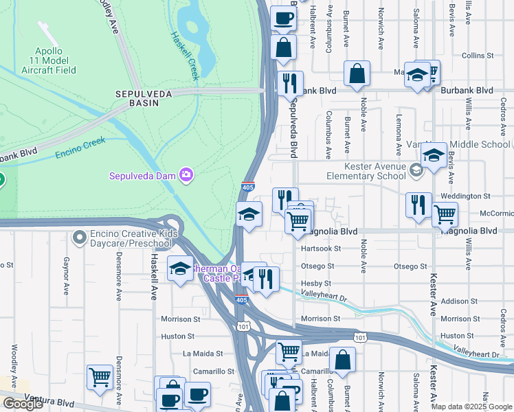 map of restaurants, bars, coffee shops, grocery stores, and more near 15370 Weddington Street in Los Angeles