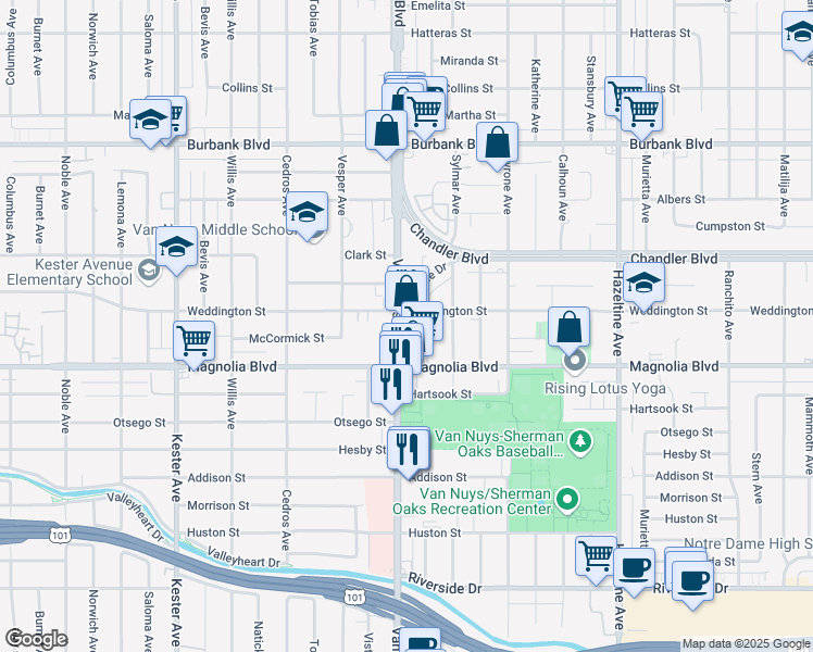 map of restaurants, bars, coffee shops, grocery stores, and more near 5239 Van Nuys Boulevard in Los Angeles