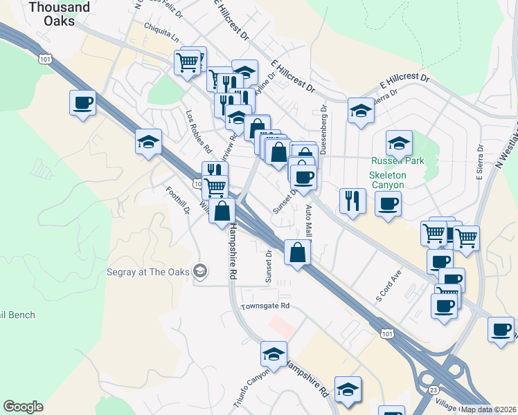 map of restaurants, bars, coffee shops, grocery stores, and more near 3236 Royal Oaks Drive in Thousand Oaks