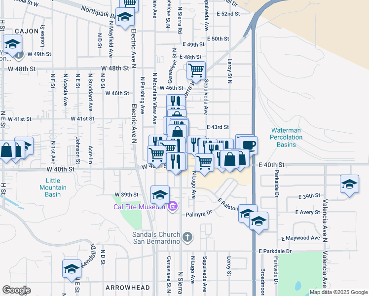 map of restaurants, bars, coffee shops, grocery stores, and more near 4086 North Sierra Way in San Bernardino