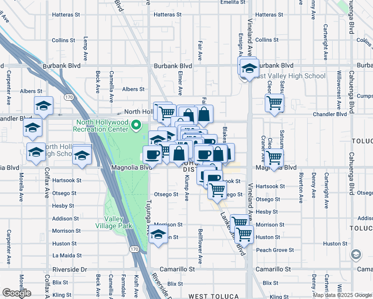 map of restaurants, bars, coffee shops, grocery stores, and more near 5249 Lankershim Boulevard in Los Angeles