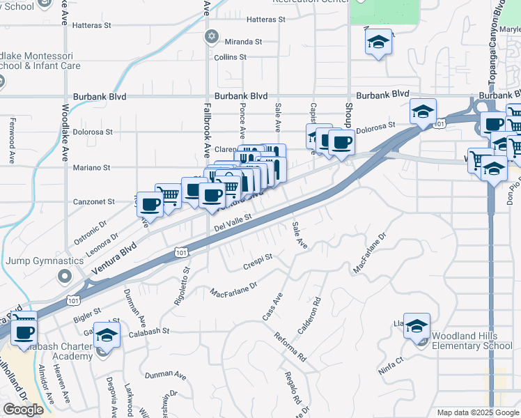 map of restaurants, bars, coffee shops, grocery stores, and more near 22651 Del Valle Street in Los Angeles