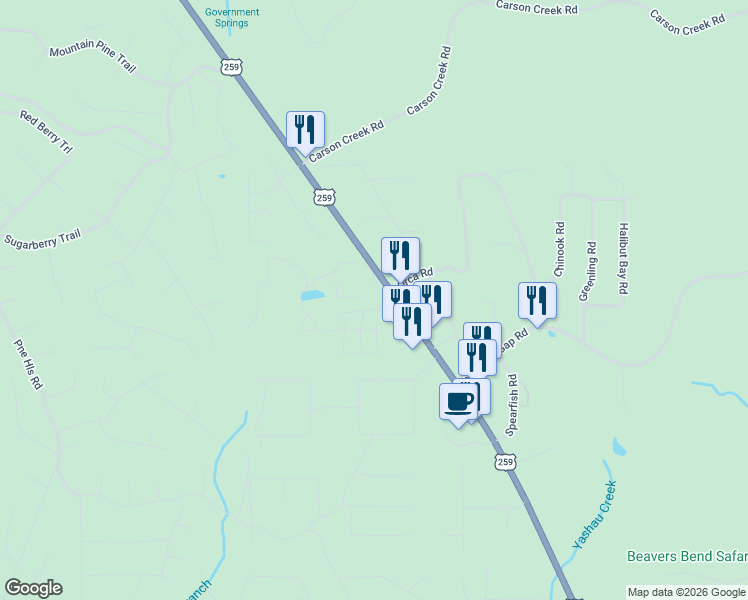 map of restaurants, bars, coffee shops, grocery stores, and more near 46 Pine Meadow Lane in Broken Bow