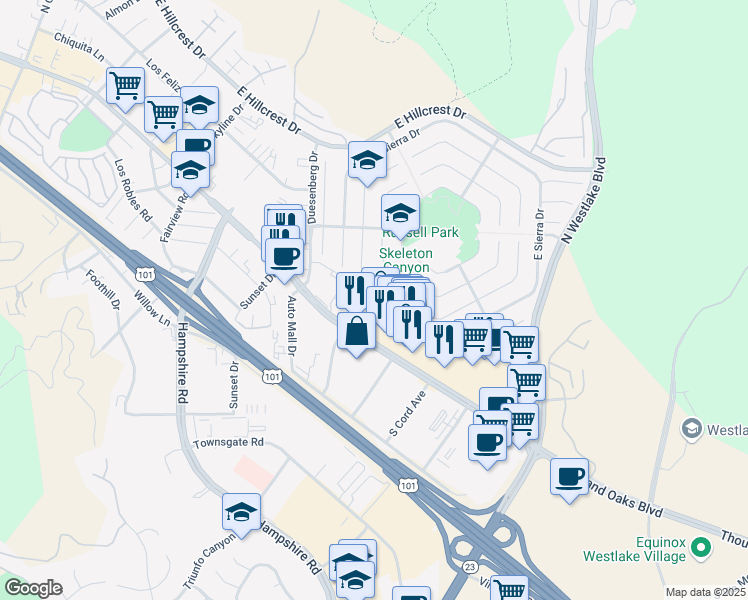 map of restaurants, bars, coffee shops, grocery stores, and more near 3625 Thousand Oaks Boulevard in Thousand Oaks