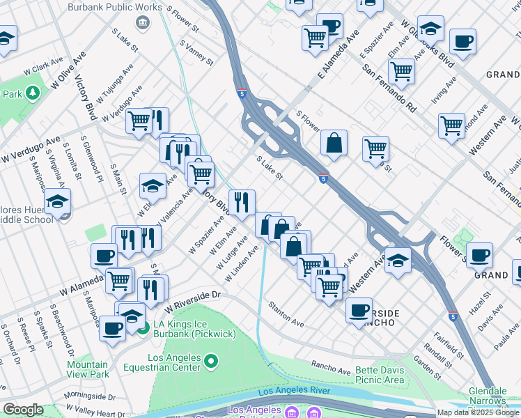 map of restaurants, bars, coffee shops, grocery stores, and more near 1220 South Victory Boulevard in Burbank