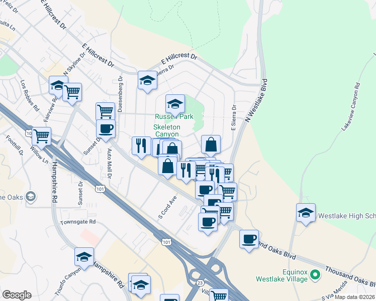 map of restaurants, bars, coffee shops, grocery stores, and more near 2784 Great Smokey Court in Westlake Village