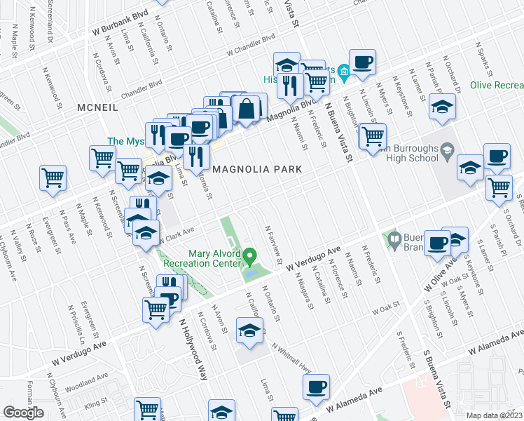 map of restaurants, bars, coffee shops, grocery stores, and more near 642 North Fairview Street in Burbank