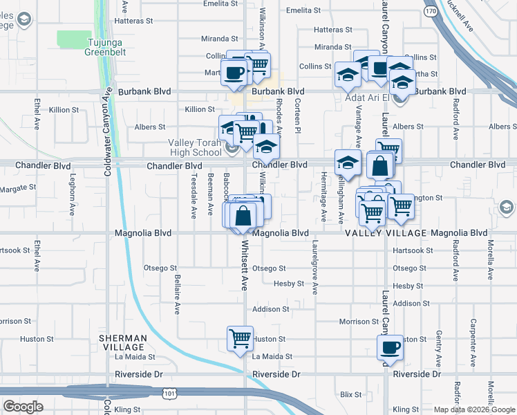 map of restaurants, bars, coffee shops, grocery stores, and more near 5218 Wilkinson Avenue in Los Angeles