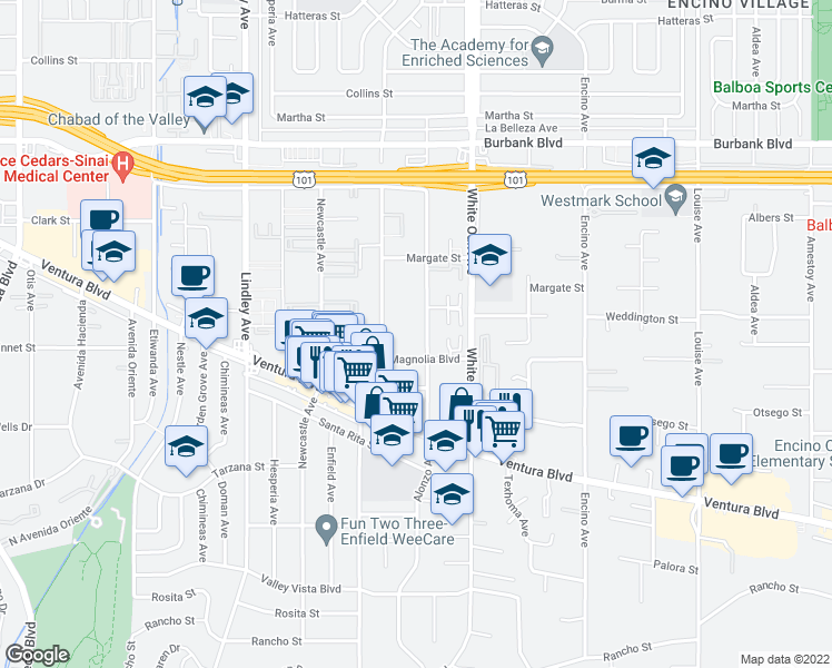 map of restaurants, bars, coffee shops, grocery stores, and more near 5243 Yarmouth Avenue in Los Angeles