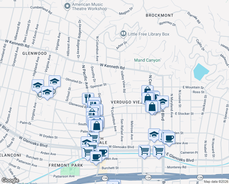 map of restaurants, bars, coffee shops, grocery stores, and more near 1316 North Columbus Avenue in Glendale