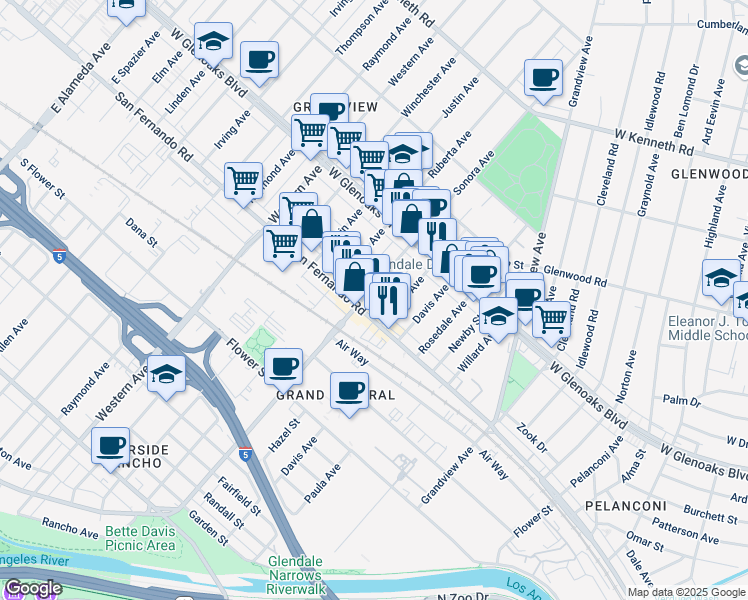 map of restaurants, bars, coffee shops, grocery stores, and more near 6306 San Fernando Road in Glendale