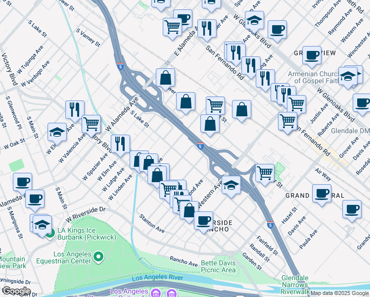 map of restaurants, bars, coffee shops, grocery stores, and more near 506 Irving Avenue in Glendale
