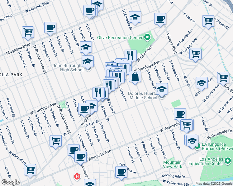 map of restaurants, bars, coffee shops, grocery stores, and more near 212 South Orchard Drive in Burbank