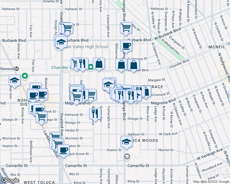 map of restaurants, bars, coffee shops, grocery stores, and more near in Los Angeles