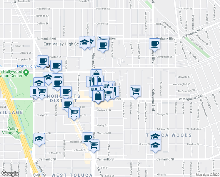 map of restaurants, bars, coffee shops, grocery stores, and more near 5217 Satsuma Avenue in Los Angeles