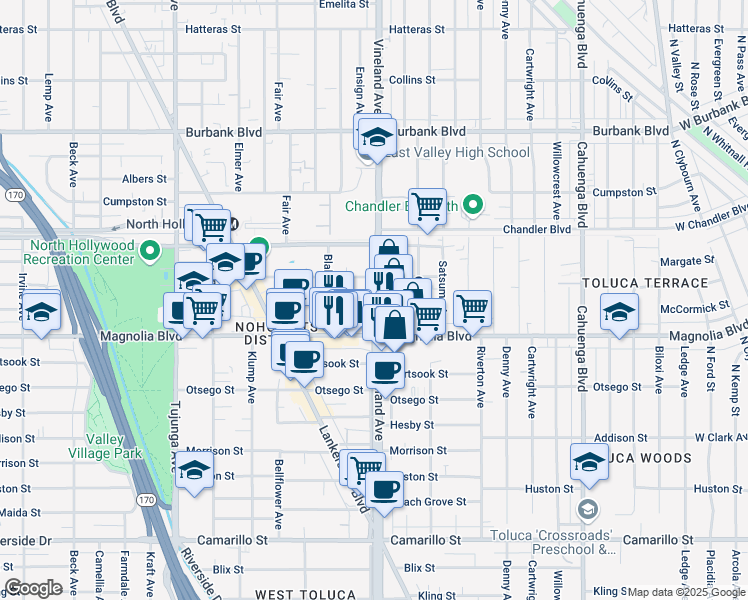 map of restaurants, bars, coffee shops, grocery stores, and more near 11035 West Magnolia Boulevard in Los Angeles