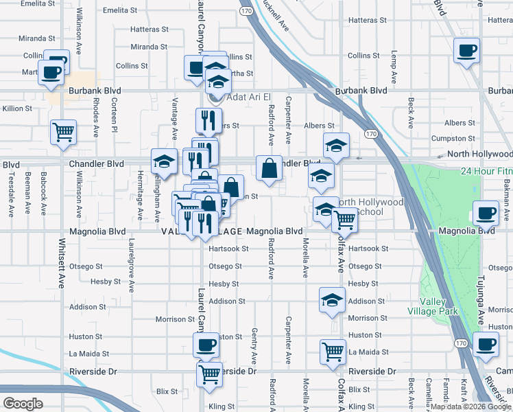 map of restaurants, bars, coffee shops, grocery stores, and more near 11933 Magnolia Boulevard in Los Angeles