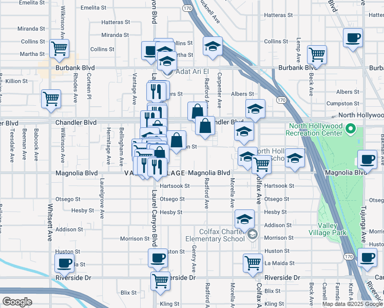 map of restaurants, bars, coffee shops, grocery stores, and more near 11933 Magnolia Boulevard in Los Angeles