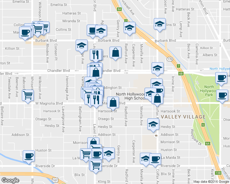map of restaurants, bars, coffee shops, grocery stores, and more near 11933 Magnolia Boulevard in Los Angeles