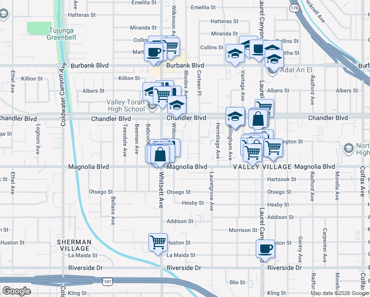 map of restaurants, bars, coffee shops, grocery stores, and more near 5223 Corteen Place in Los Angeles