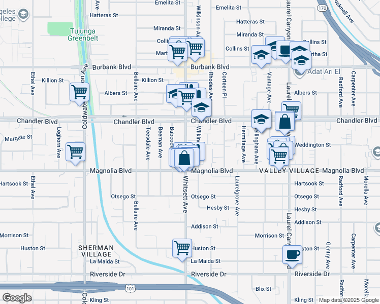 map of restaurants, bars, coffee shops, grocery stores, and more near in Los Angeles