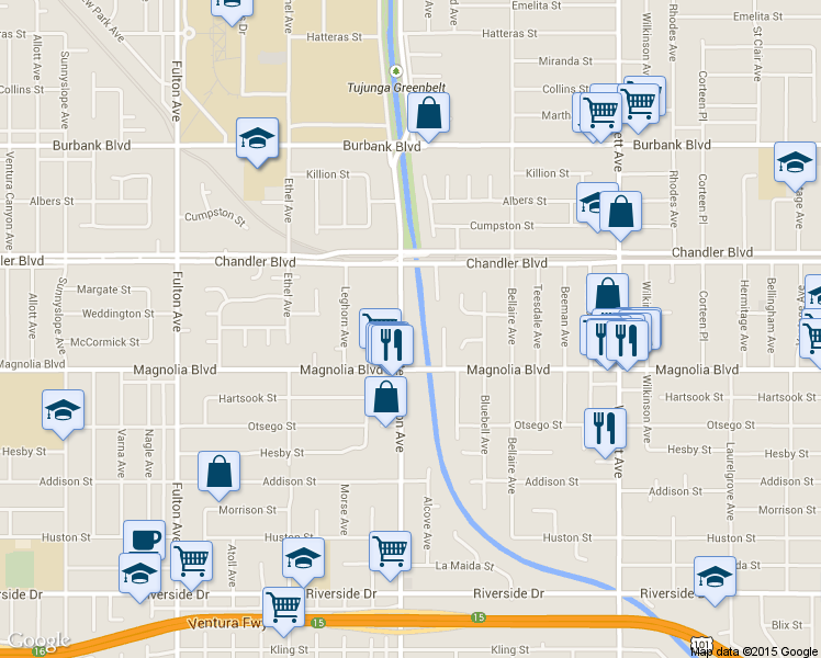 map of restaurants, bars, coffee shops, grocery stores, and more near 5224 Coldwater Canyon Avenue in Los Angeles