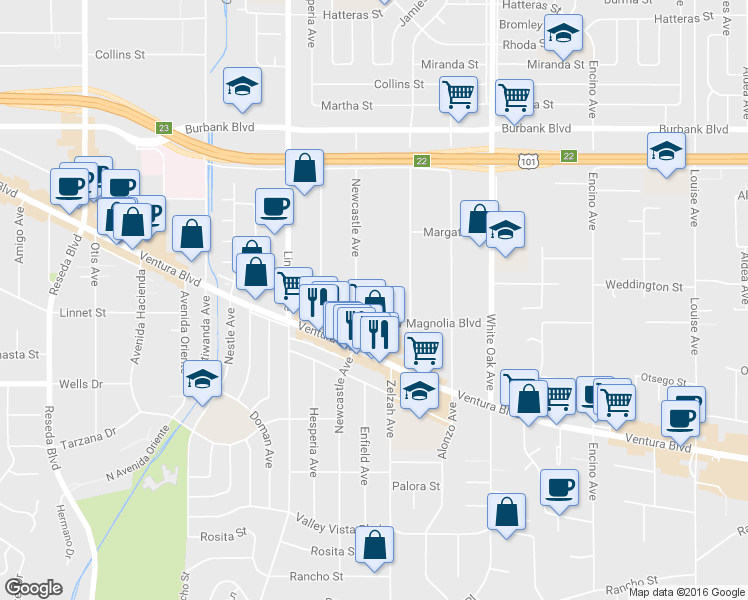 map of restaurants, bars, coffee shops, grocery stores, and more near 17955 West Magnolia Boulevard in Los Angeles
