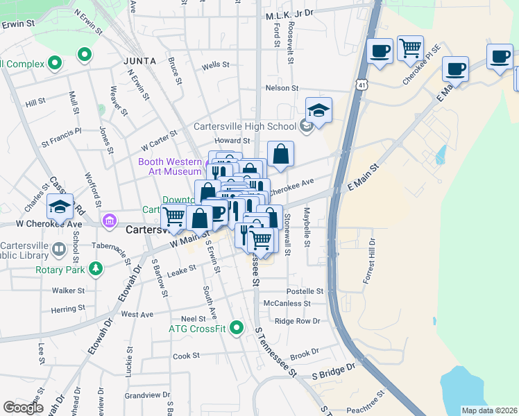 map of restaurants, bars, coffee shops, grocery stores, and more near 22-74 South Tennessee Street in Cartersville