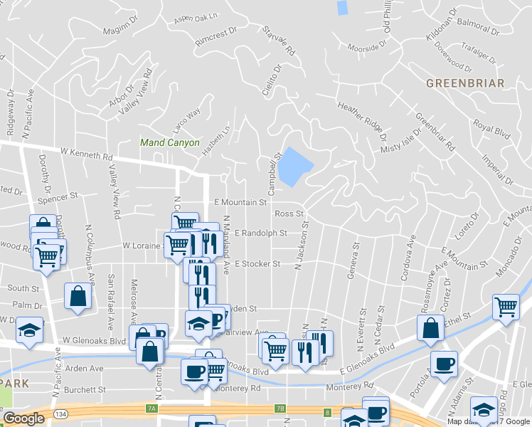 map of restaurants, bars, coffee shops, grocery stores, and more near 1327 Campbell Street in Glendale