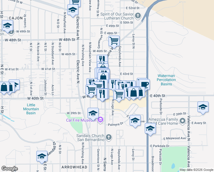 map of restaurants, bars, coffee shops, grocery stores, and more near 4151 North Sierra Way in San Bernardino