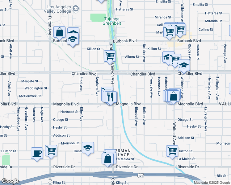 map of restaurants, bars, coffee shops, grocery stores, and more near 5224 Coldwater Canyon Avenue in Los Angeles