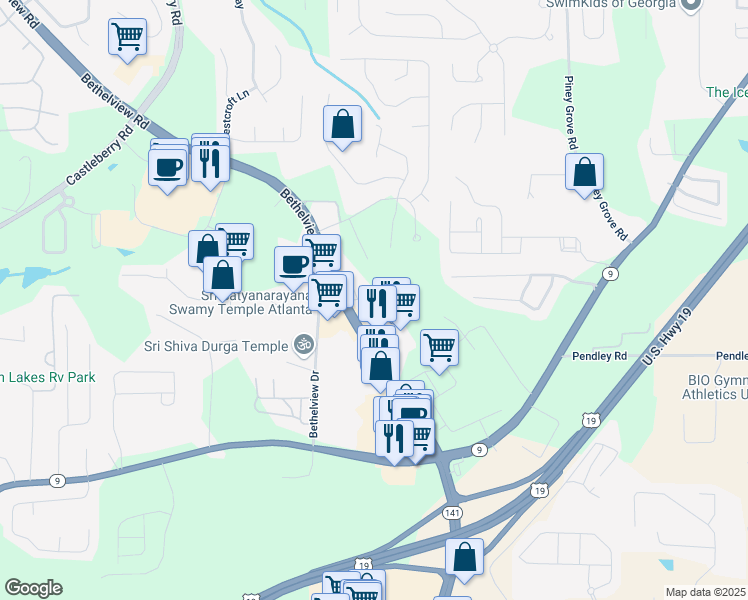 map of restaurants, bars, coffee shops, grocery stores, and more near Parkway North Boulevard in Forsyth County