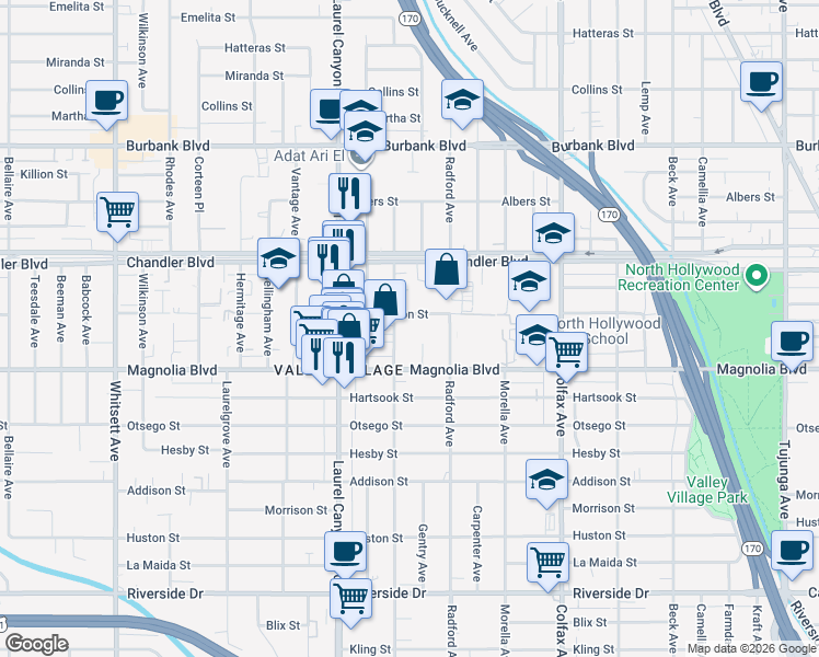 map of restaurants, bars, coffee shops, grocery stores, and more near 11940 Weddington Street in Los Angeles