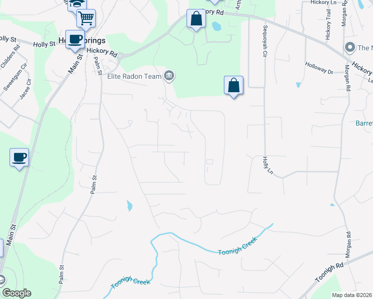 map of restaurants, bars, coffee shops, grocery stores, and more near 104 Hickory Springs Industrial Dr in Holly Springs
