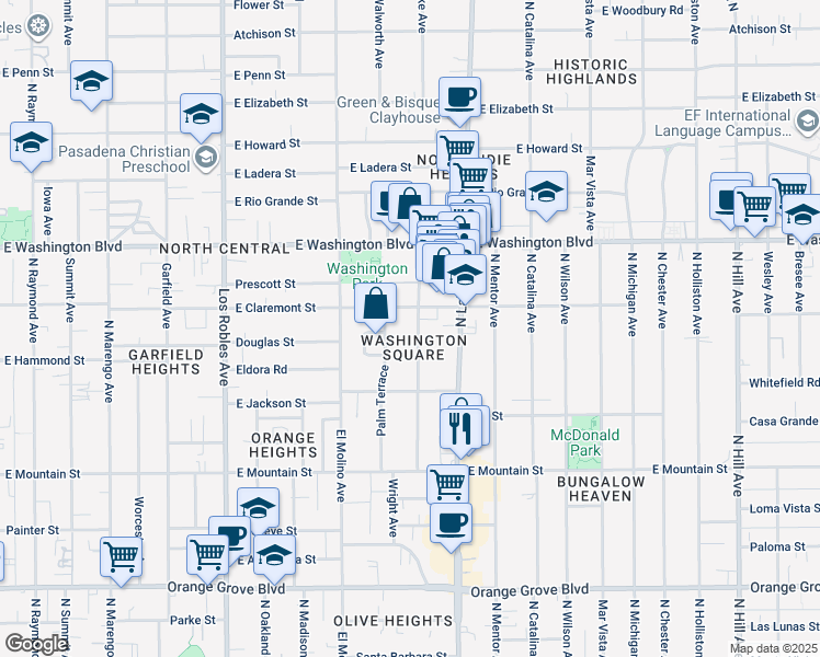 map of restaurants, bars, coffee shops, grocery stores, and more near 1181 North Hudson Avenue in Pasadena