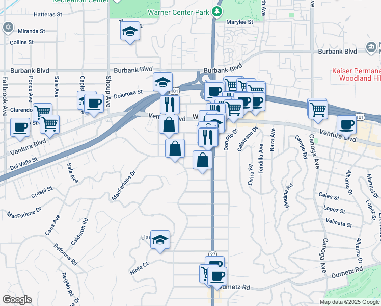 map of restaurants, bars, coffee shops, grocery stores, and more near 22051 Avenue San Luis in Los Angeles