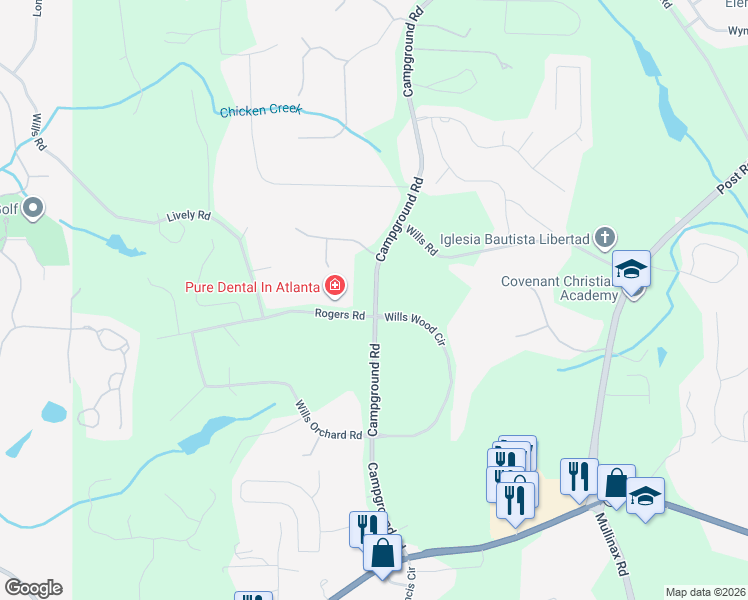 map of restaurants, bars, coffee shops, grocery stores, and more near 5825 Campground Road in Cumming