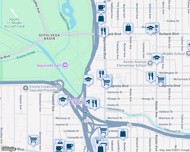 map of restaurants, bars, coffee shops, grocery stores, and more near 15344 Weddington Street in Los Angeles