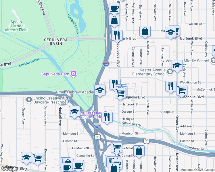 map of restaurants, bars, coffee shops, grocery stores, and more near 15344 Weddington Street in Los Angeles