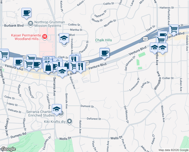 map of restaurants, bars, coffee shops, grocery stores, and more near 20600 Ventura Boulevard in Los Angeles