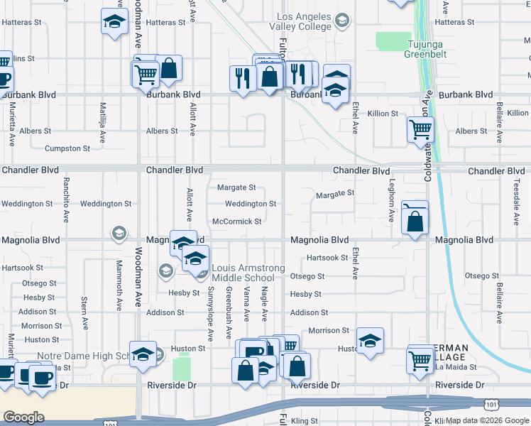 map of restaurants, bars, coffee shops, grocery stores, and more near 5254 Nagle Avenue in Los Angeles