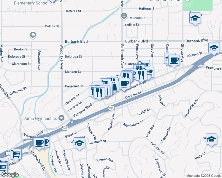 map of restaurants, bars, coffee shops, grocery stores, and more near 22850 Leonora Drive in Los Angeles