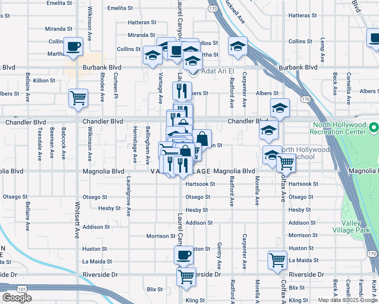 map of restaurants, bars, coffee shops, grocery stores, and more near 5247 Agnes Avenue in Los Angeles