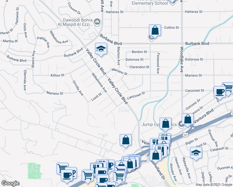 map of restaurants, bars, coffee shops, grocery stores, and more near 23612 Ladrillo Street in Los Angeles